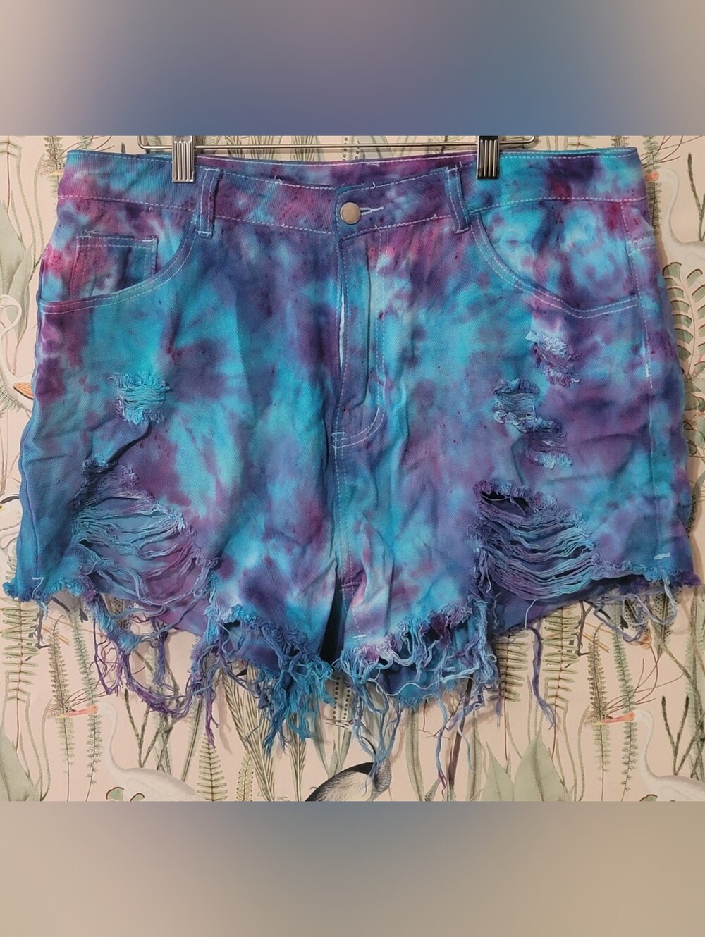 SHEIN Blue & Purple Tie-Dye Distressed Denim Shorts